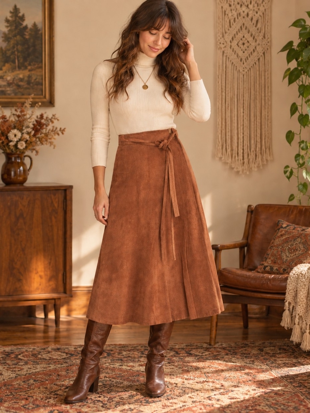 Suede Tie-Waist Midi Skirt in Chestnut Brown